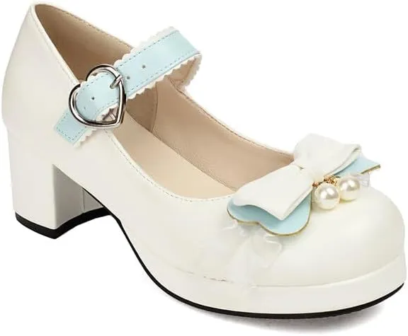 Women's Bow Pearl Chunky Heel Platform Pumps High Heels Mary Jane Lolita Shoes