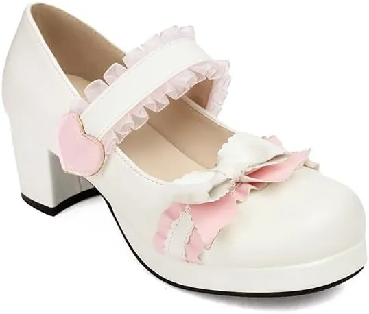 Women's Bow Tie Chunky Heel Platform Pumps High Heels Mary Jane Lolita Shoes