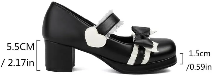Women's Bow Tie Chunky Heel Platform Pumps High Heels Mary Jane Lolita Shoes