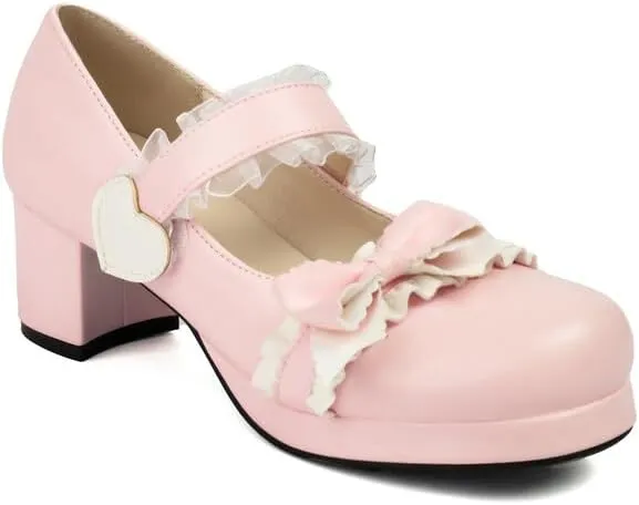 Women's Bow Tie Chunky Heel Platform Pumps High Heels Mary Jane Lolita Shoes