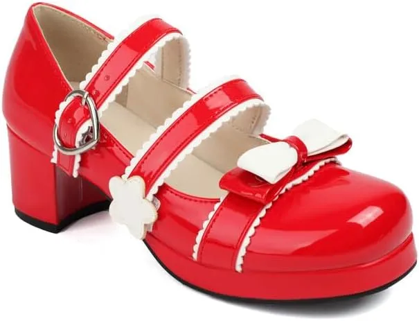 Women's Bow Tie Color Blocking Chunky Heel Platform Pumps High Heels Mary Jane Lolita Shoes