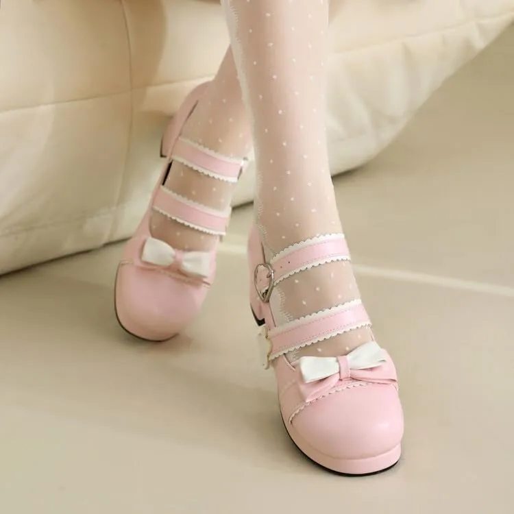 Women's Bow Tie Color Blocking Chunky Heel Platform Pumps High Heels Mary Jane Lolita Shoes