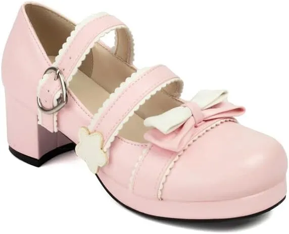 Women's Bow Tie Color Blocking Chunky Heel Platform Pumps High Heels Mary Jane Lolita Shoes