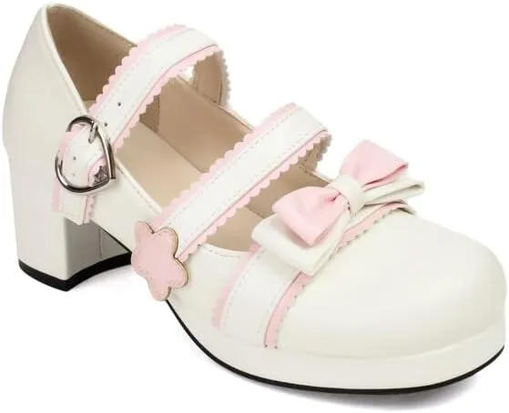 Women's Bow Tie Color Blocking Chunky Heel Platform Pumps High Heels Mary Jane Lolita Shoes