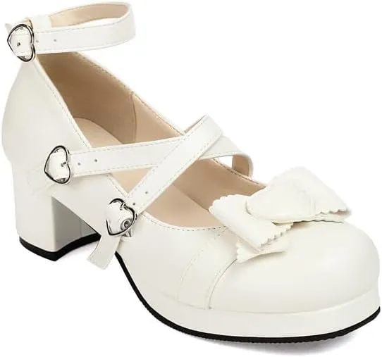 Women's Buckle Bow Chunky Heel Platform Pumps High Heels Mary Jane Lolita Shoes