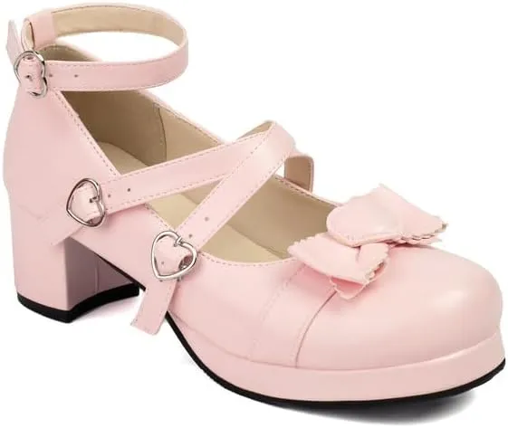 Women's Buckle Bow Chunky Heel Platform Pumps High Heels Mary Jane Lolita Shoes