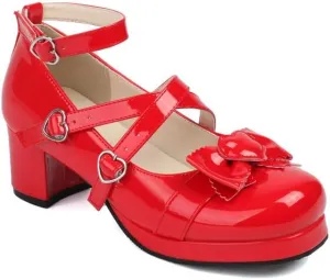 Women's Buckle Bow Chunky Heel Platform Pumps High Heels Mary Jane Lolita Shoes