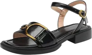 Womens Buckle Strap Basic Square Heel Open Side Vamp Fashion Sandals Leather Metal Decoration Office Casual
