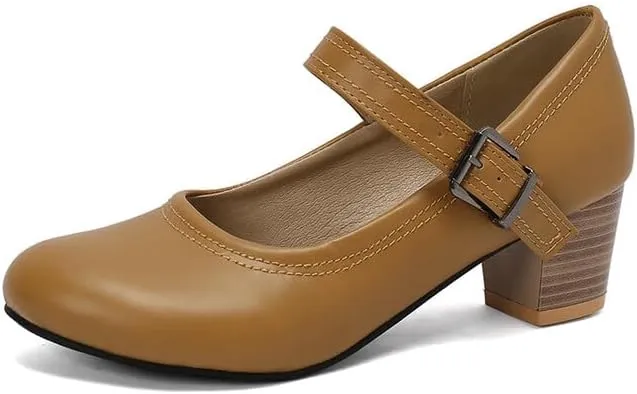 Women's Buckle Strap Round Toe Block Heel Mary Janes Pumps