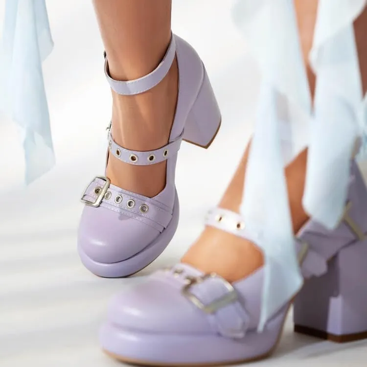 Women's Buckle Straps Mary Janes Platform Square High Heel Pumps