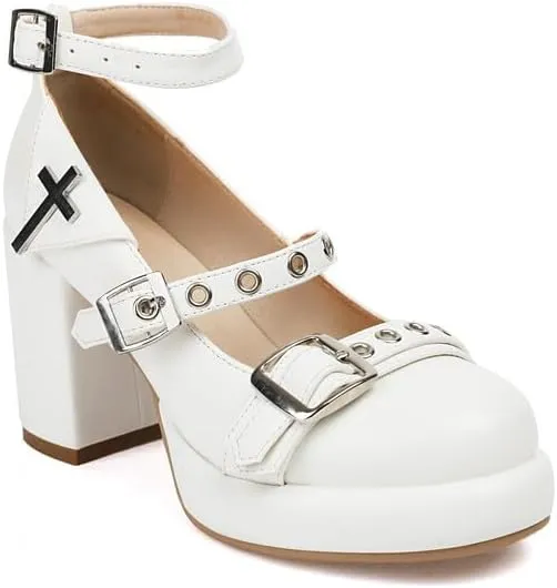Women's Buckle Straps Mary Janes Platform Square High Heel Pumps