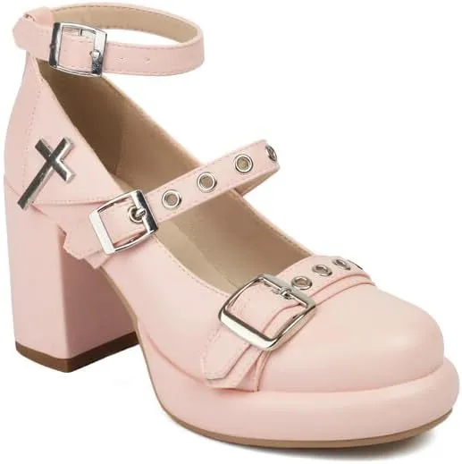 Women's Buckle Straps Mary Janes Platform Square High Heel Pumps