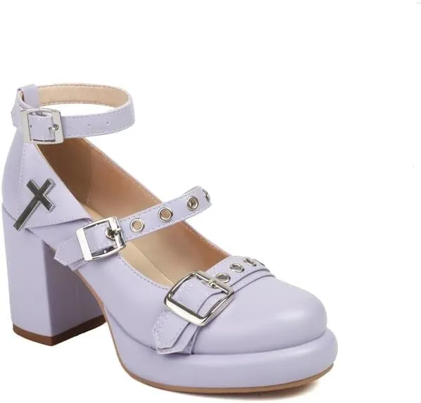Women's Buckle Straps Mary Janes Platform Square High Heel Pumps