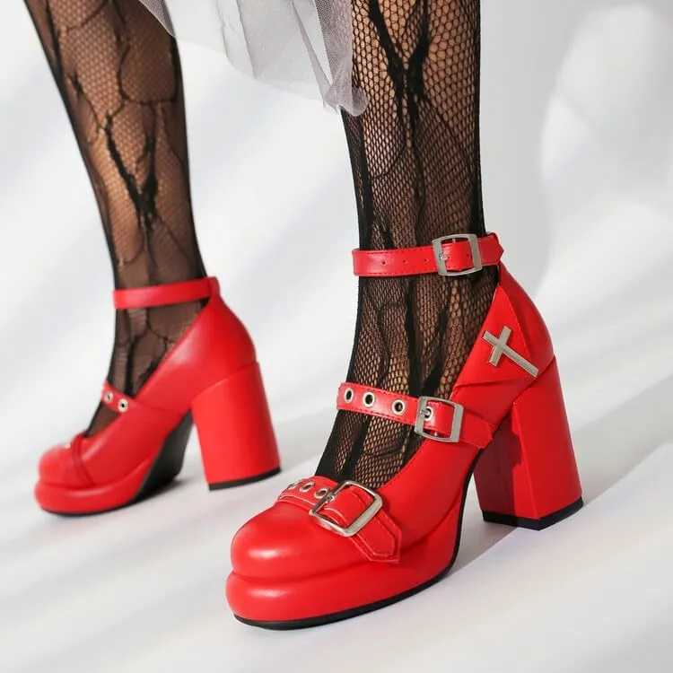 Women's Buckle Straps Mary Janes Platform Square High Heel Pumps