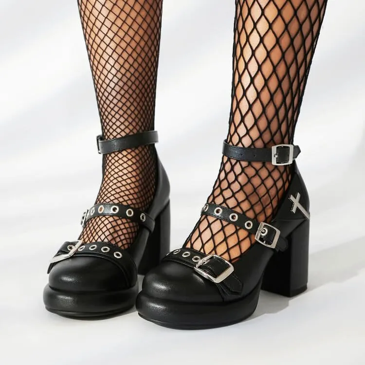 Women's Buckle Straps Mary Janes Platform Square High Heel Pumps