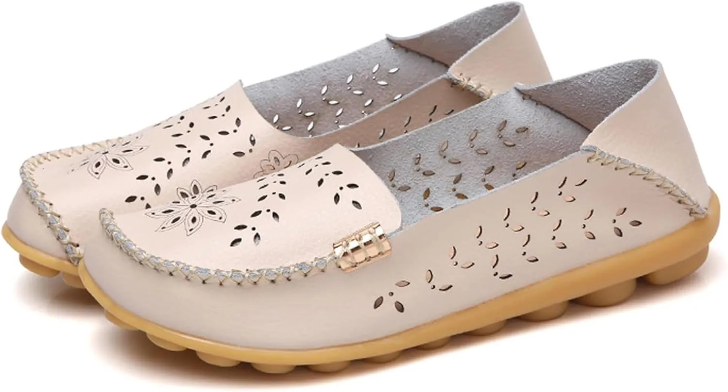 Women's Comfort Walking Boat Shoe Slip on Flat Shoes Ladies Dressy Moccasins Driving Penny Loafers Leather Breathable On Nurse Loafer Round Toe Wild Fashion Soft Orthopedic Sole Flats Casual