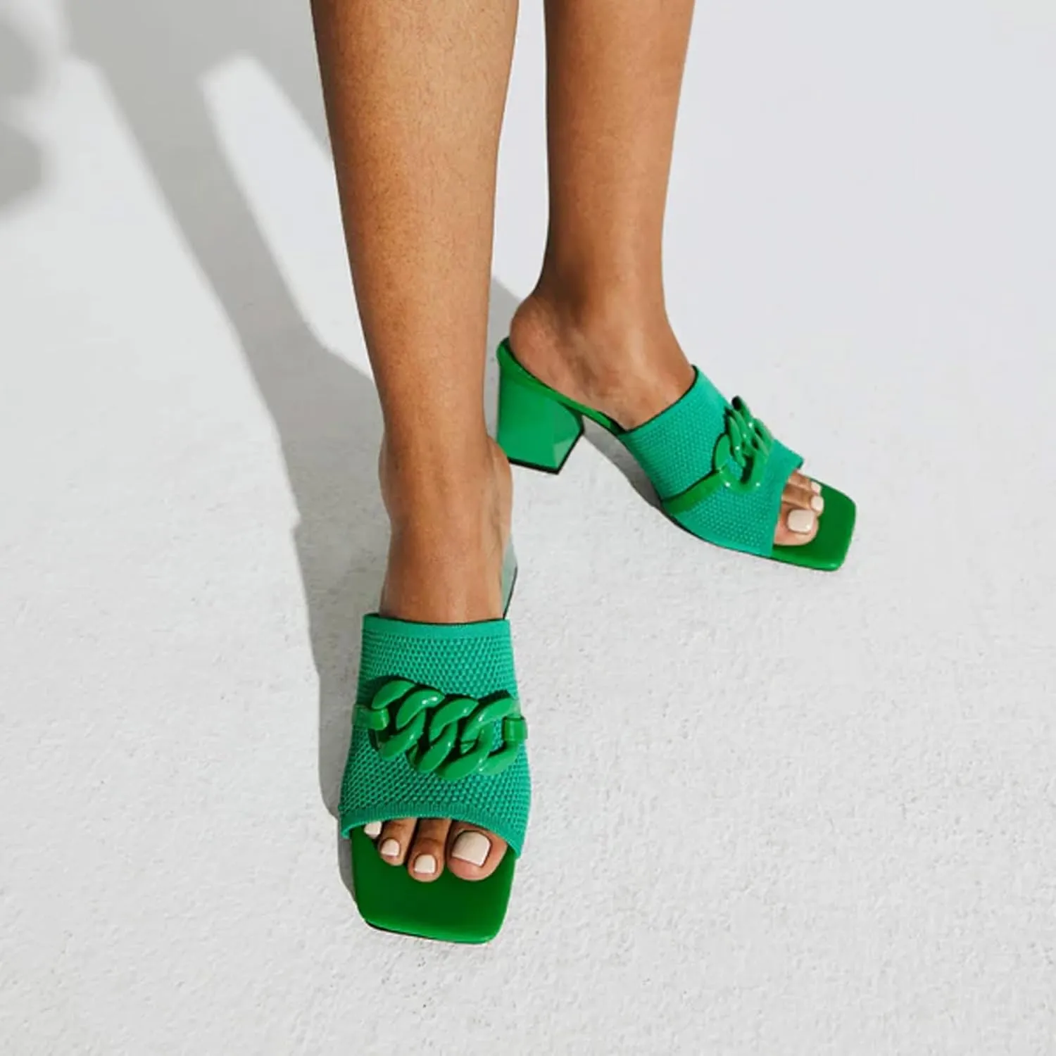 Women's Elegant Square Toe Chain Heeled Sandals Pump Shoes