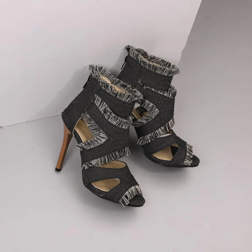 Women's Fashion Fringed Gladiator Heeled Sandals Peep Toe Stilettos High Heel Tassels Dressy Sandal