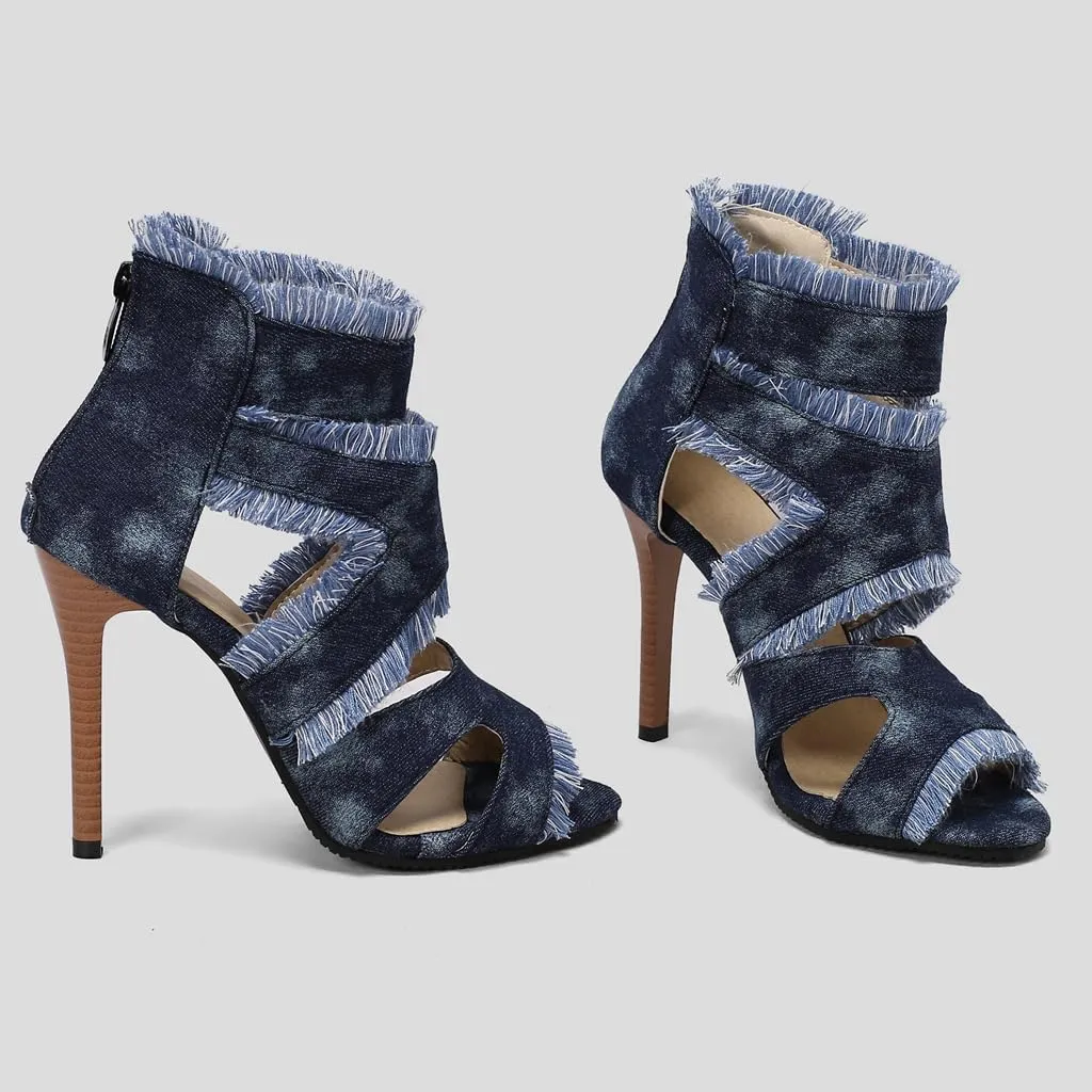 Women's Fashion Fringed Gladiator Heeled Sandals Peep Toe Stilettos High Heel Tassels Dressy Sandal