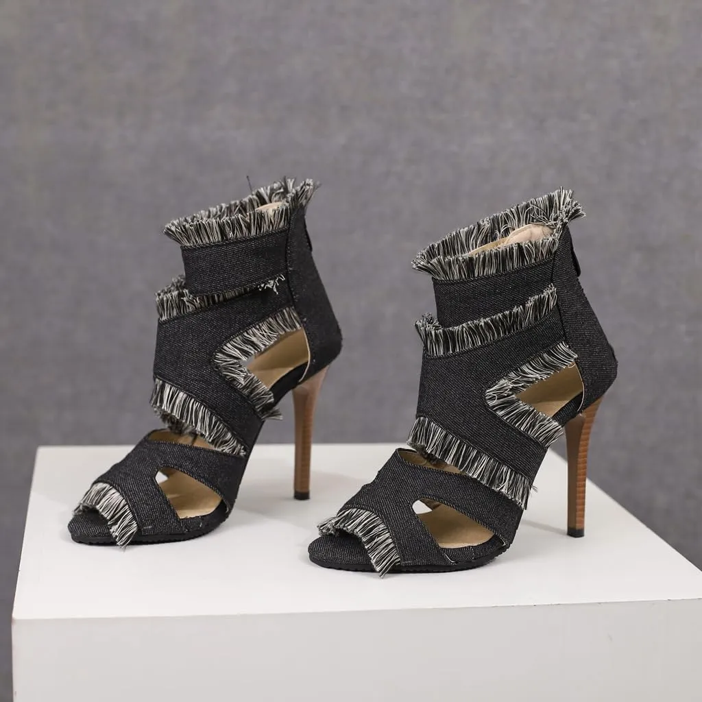 Women's Fashion Fringed Gladiator Heeled Sandals Peep Toe Stilettos High Heel Tassels Dressy Sandal