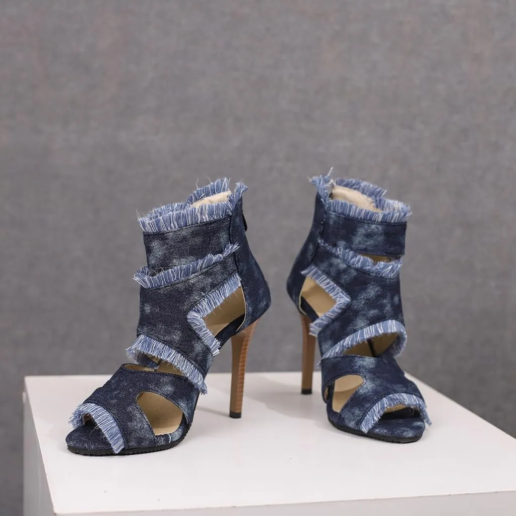 Women's Fashion Fringed Gladiator Heeled Sandals Peep Toe Stilettos High Heel Tassels Dressy Sandal
