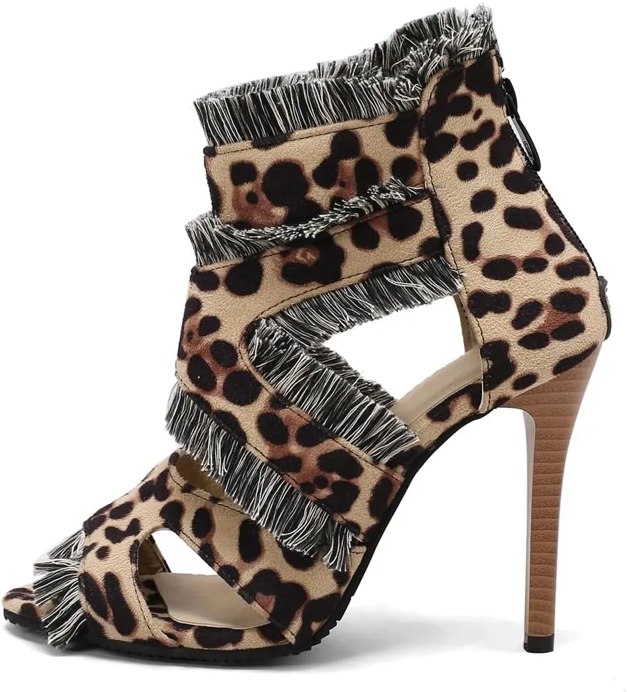 Women's Fashion Fringed Gladiator Heeled Sandals Peep Toe Stilettos High Heel Tassels Dressy Sandal