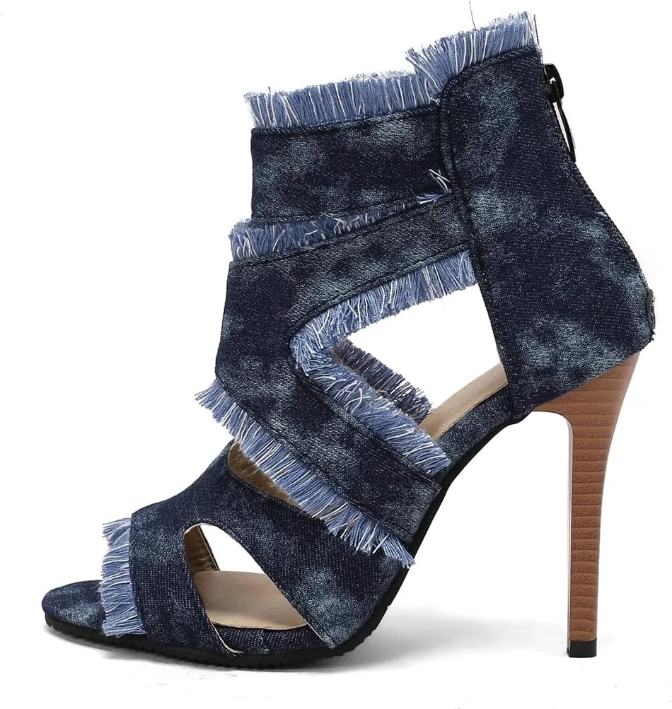 Women's Fashion Fringed Gladiator Heeled Sandals Peep Toe Stilettos High Heel Tassels Dressy Sandal
