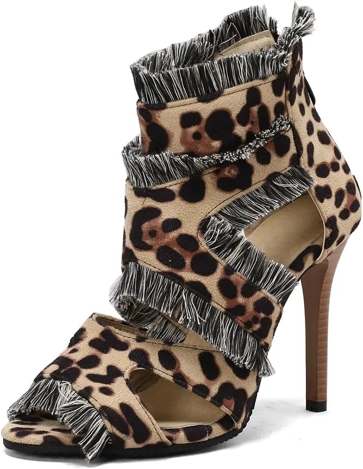 Women's Fashion Fringed Gladiator Heeled Sandals Peep Toe Stilettos High Heel Tassels Dressy Sandal
