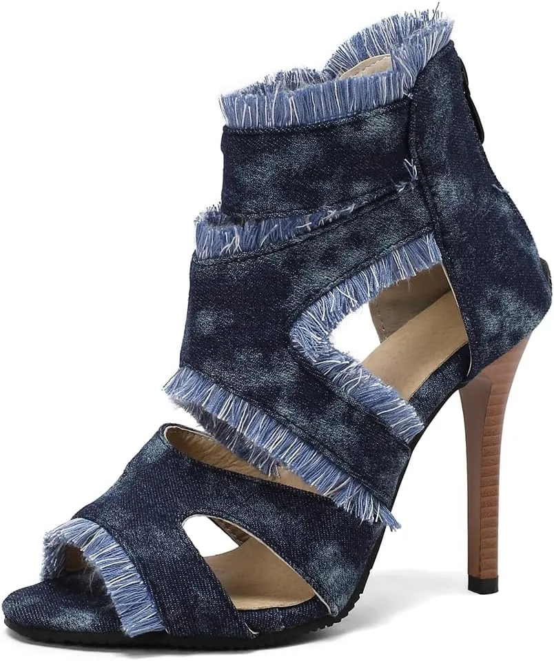 Women's Fashion Fringed Gladiator Heeled Sandals Peep Toe Stilettos High Heel Tassels Dressy Sandal
