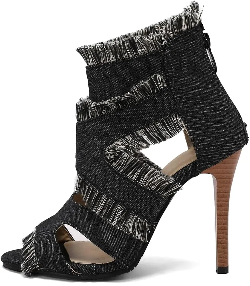 Women's Fashion Fringed Gladiator Heeled Sandals Peep Toe Stilettos High Heel Tassels Dressy Sandal