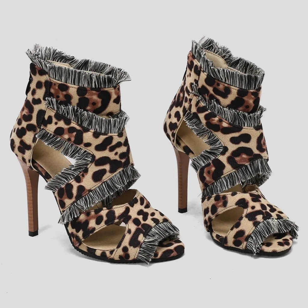 Women's Fashion Fringed Gladiator Heeled Sandals Peep Toe Stilettos High Heel Tassels Dressy Sandal