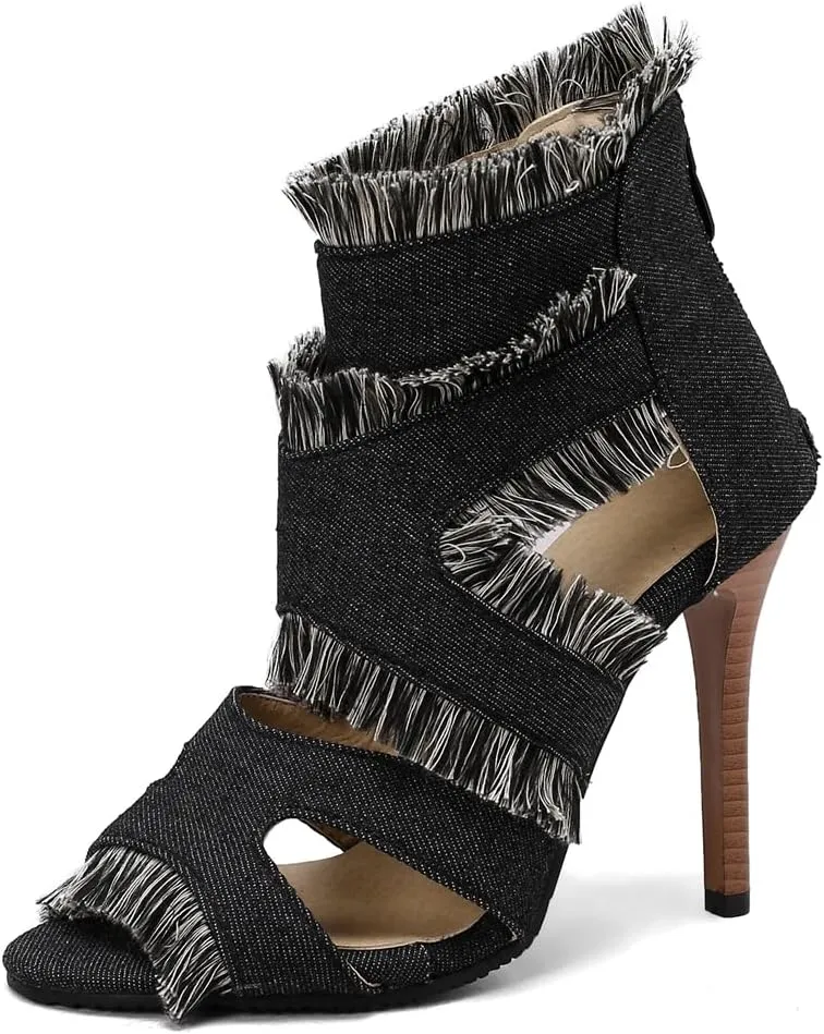Women's Fashion Fringed Gladiator Heeled Sandals Peep Toe Stilettos High Heel Tassels Dressy Sandal