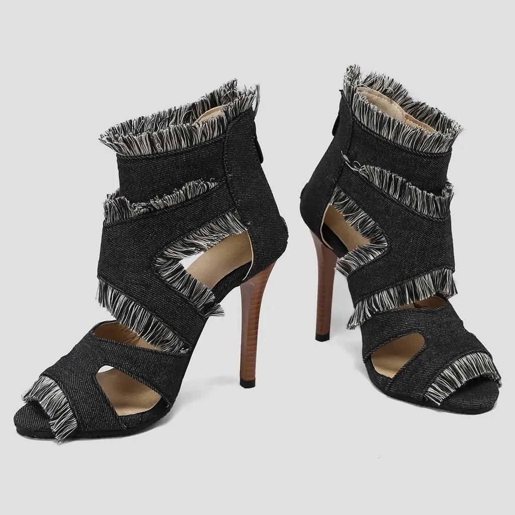 Women's Fashion Fringed Gladiator Heeled Sandals Peep Toe Stilettos High Heel Tassels Dressy Sandal