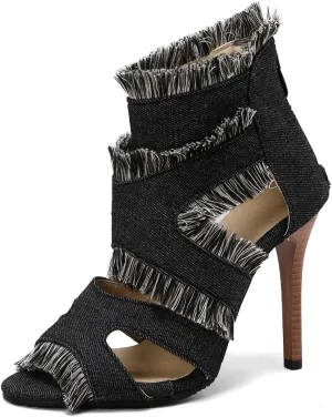 Women's Fashion Fringed Gladiator Heeled Sandals Peep Toe Stilettos High Heel Tassels Dressy Sandal