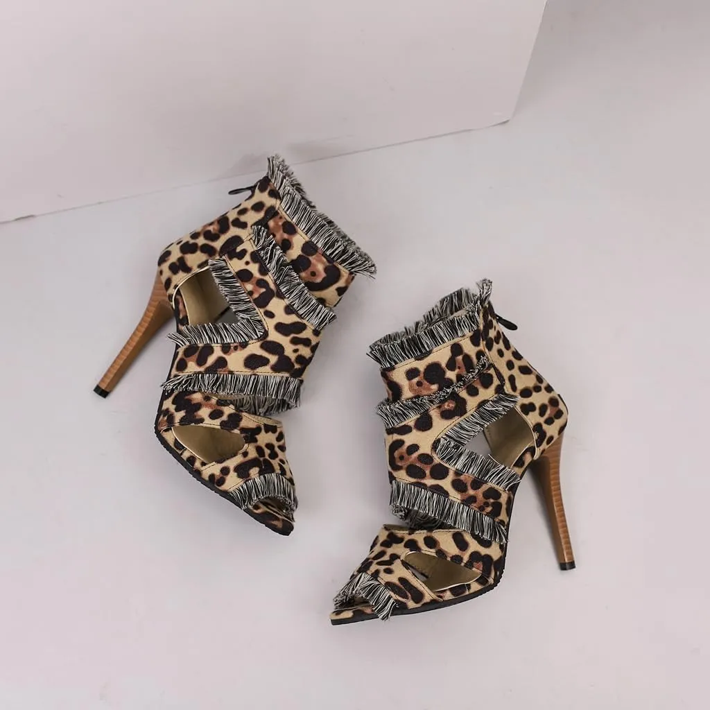 Women's Fashion Fringed Gladiator Heeled Sandals Peep Toe Stilettos High Heel Tassels Dressy Sandal