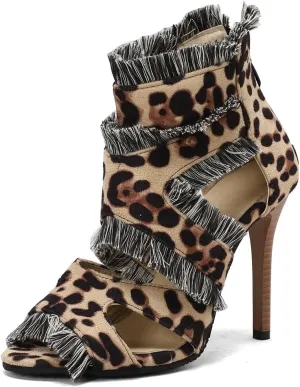 Women's Fashion Fringed Gladiator Heeled Sandals Peep Toe Stilettos High Heel Tassels Dressy Sandal