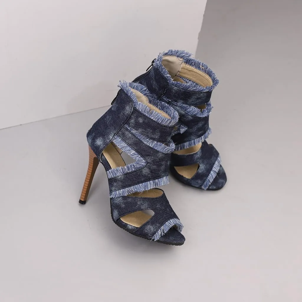 Women's Fashion Fringed Gladiator Heeled Sandals Peep Toe Stilettos High Heel Tassels Dressy Sandal