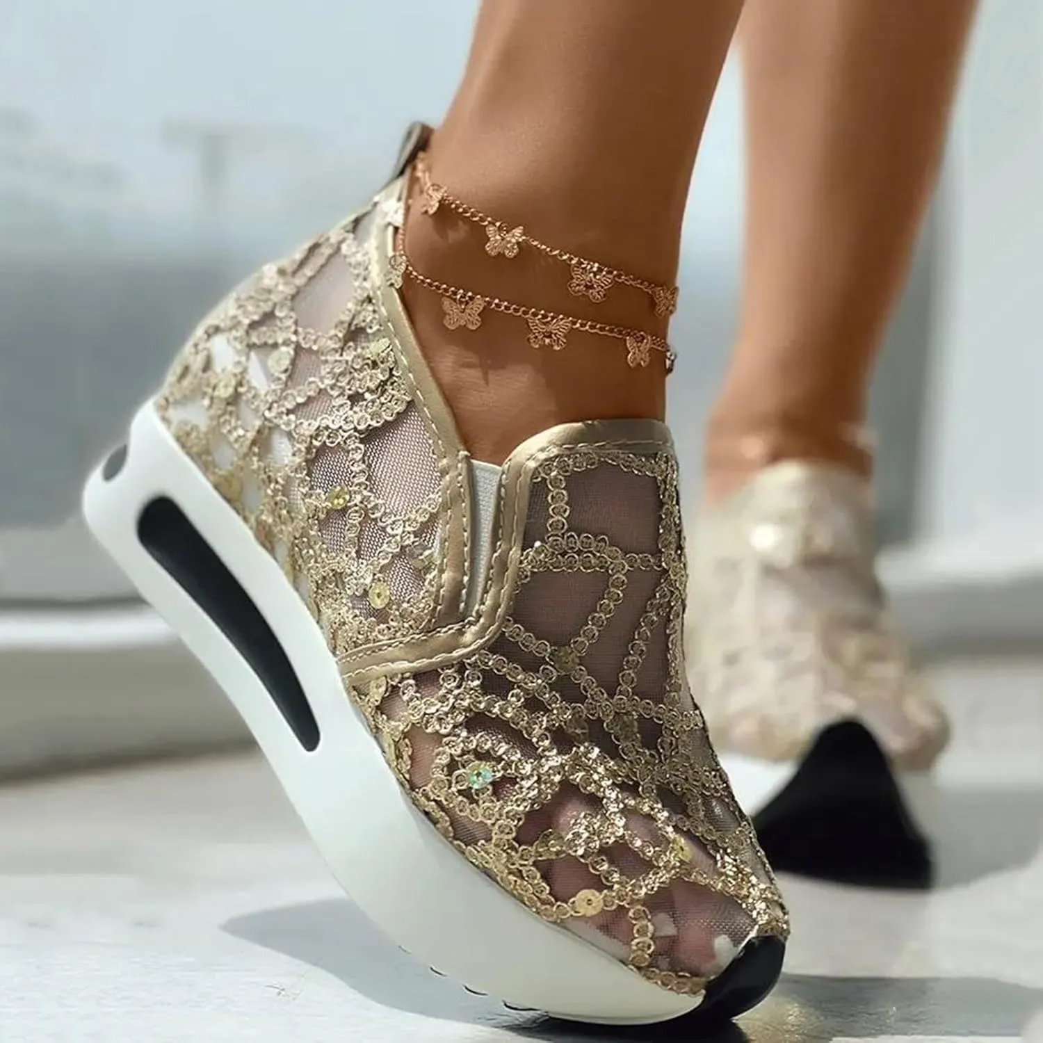 Women's Fashion Sneakers Dressy ，Floral Embroidery Breathable Sheer Mesh Wedge Sneakers Platform Casual Sneakers Lace up Walking Shoes