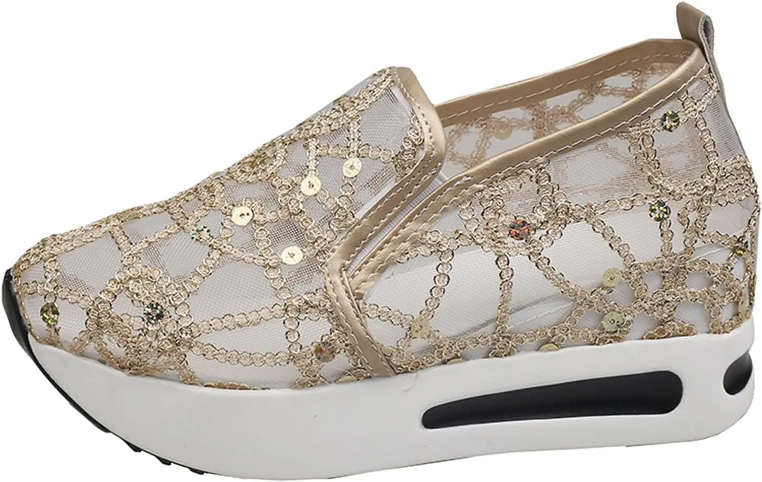 Women's Fashion Sneakers Dressy ，Floral Embroidery Breathable Sheer Mesh Wedge Sneakers Platform Casual Sneakers Lace up Walking Shoes