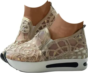 Women's Fashion Sneakers Dressy ，Floral Embroidery Breathable Sheer Mesh Wedge Sneakers Platform Casual Sneakers Lace up Walking Shoes