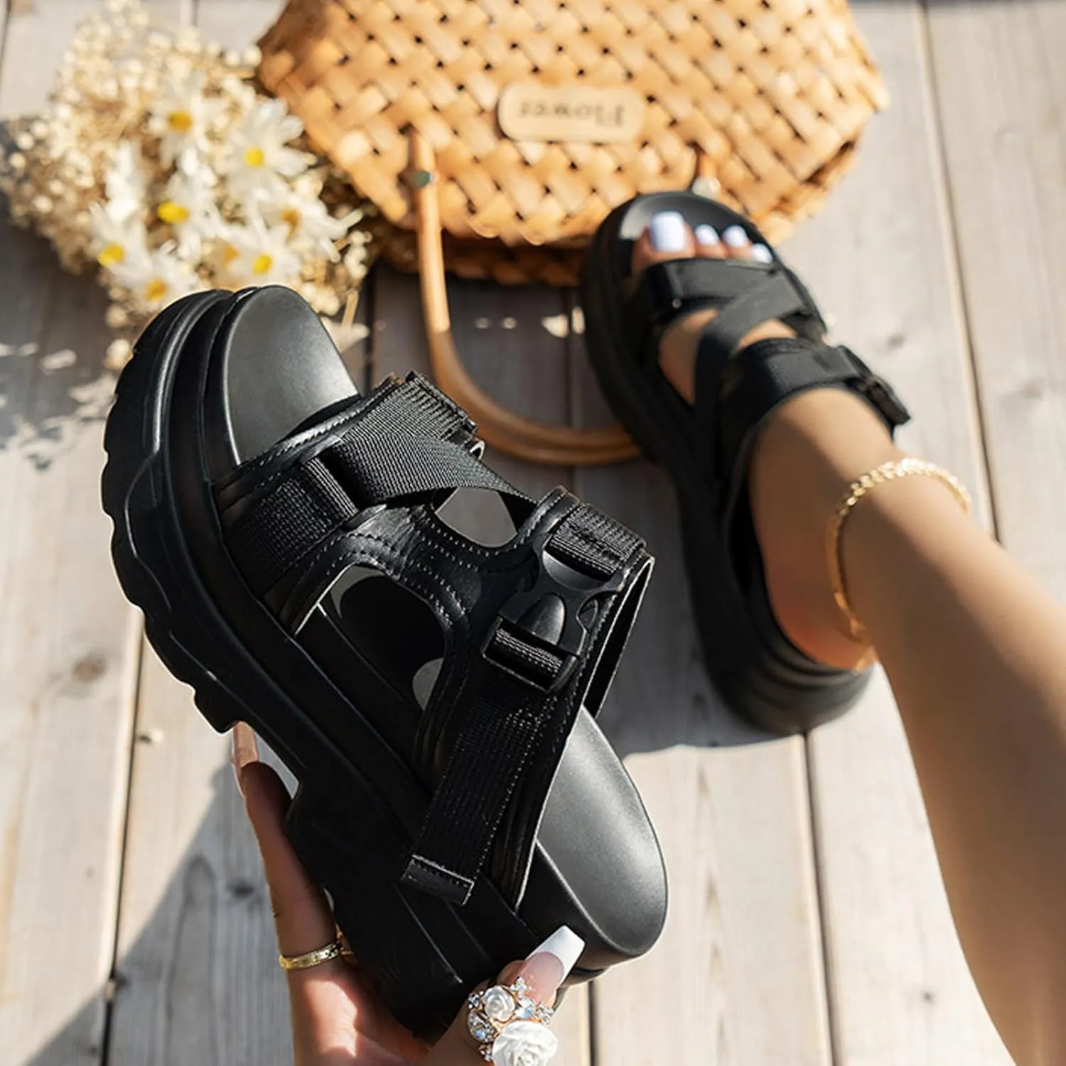 Women's Fish Mouth Platform Slip-On Walking Sandals Fashionable Open Toe Arch Support Non-Slip Heightened Wedge Heel Outdoor Summer Mam Sport Sandals