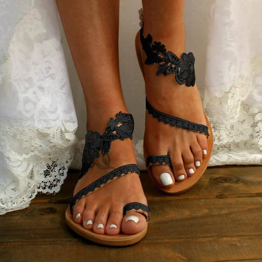 Women's Flat Lace Up Flip Flops Bohemia Lace Flower Sandals Comfy Outdoor Mules Summer Casual Beach Sandals Sandals Women Dressy Summer Flat Wide Width Sandals Beach Sandals for Women