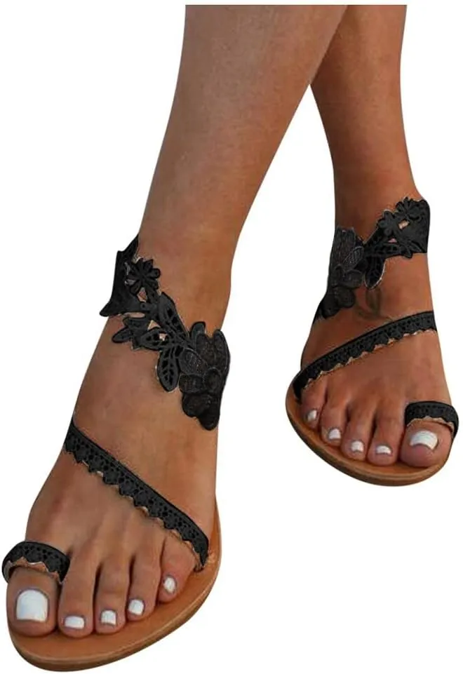 Women's Flat Lace Up Flip Flops Bohemia Lace Flower Sandals Comfy Outdoor Mules Summer Casual Beach Sandals Sandals Women Dressy Summer Flat Wide Width Sandals Beach Sandals for Women