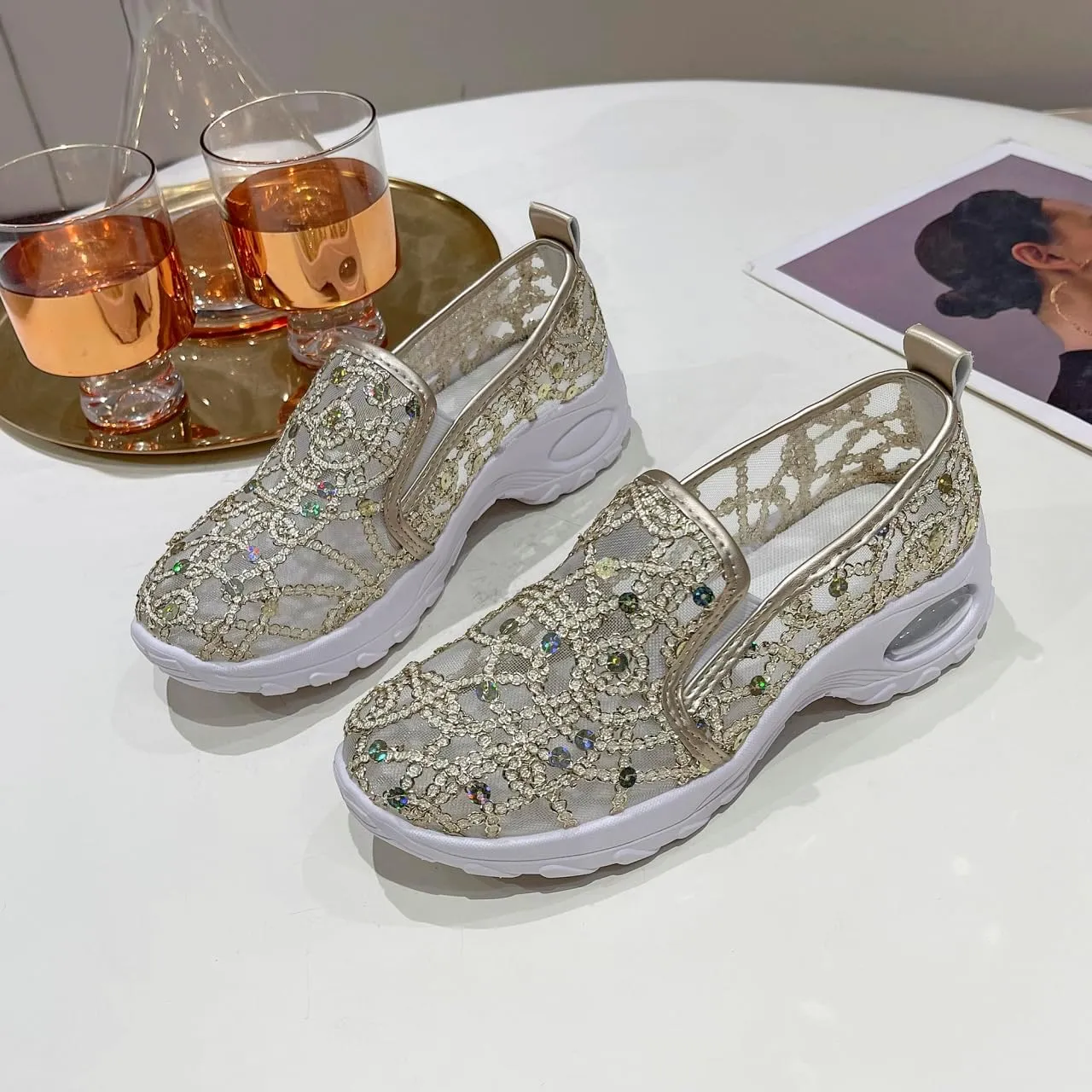 Women's Floral Embroidery Lace Mesh Air Cushion Sneakers, 2024 New Lace Mesh Casual Shoes, Breathable Slip On Platform Loafers Casual Fashion Rocker Shoes