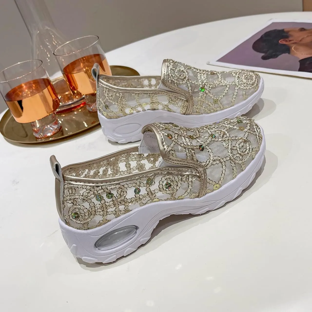 Women's Floral Embroidery Lace Mesh Air Cushion Sneakers, 2024 New Lace Mesh Casual Shoes, Breathable Slip On Platform Loafers Casual Fashion Rocker Shoes