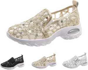 Women's Floral Embroidery Lace Mesh Air Cushion Sneakers, 2024 New Lace Mesh Casual Shoes, Breathable Slip On Platform Loafers Casual Fashion Rocker Shoes