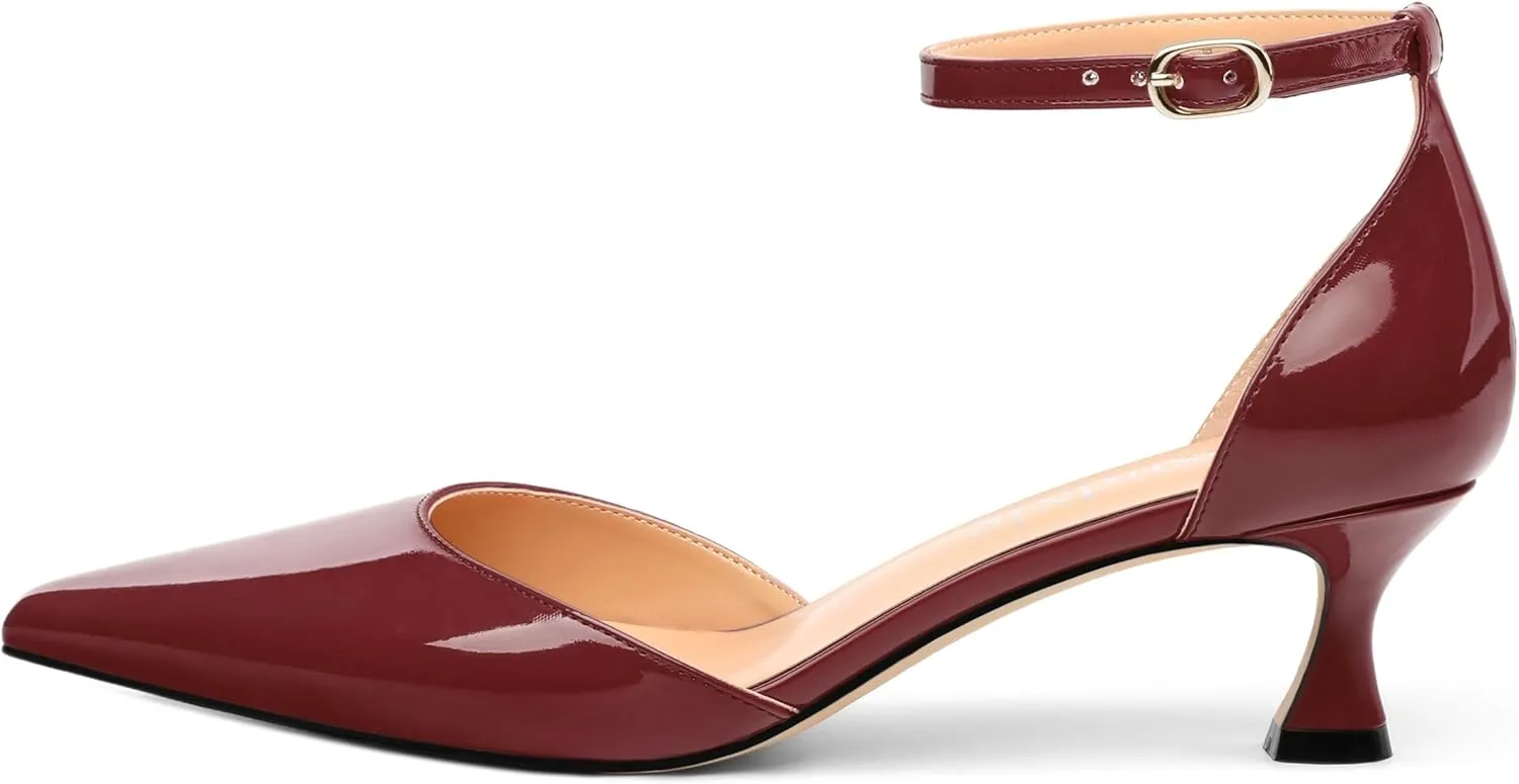 Womens Kitten Low Heels, Ankle Strap Pumps Pointed Closed Toe Heels for Women Dress Shoes Party Office Wedding 2 Inch