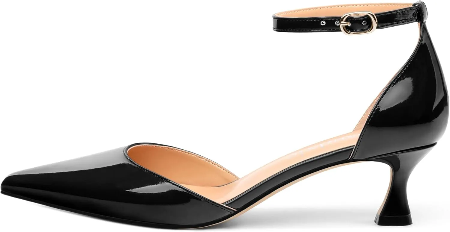 Womens Kitten Low Heels, Ankle Strap Pumps Pointed Closed Toe Heels for Women Dress Shoes Party Office Wedding 2 Inch