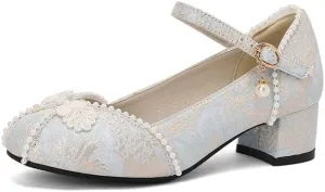 Women's Lace Buckle Strap Round Toe Block Heel Mary Janes Pumps