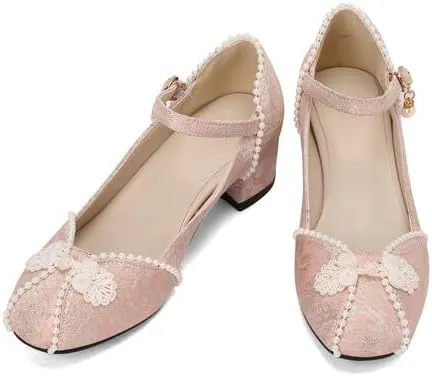 Women's Lace Buckle Strap Round Toe Block Heel Mary Janes Pumps